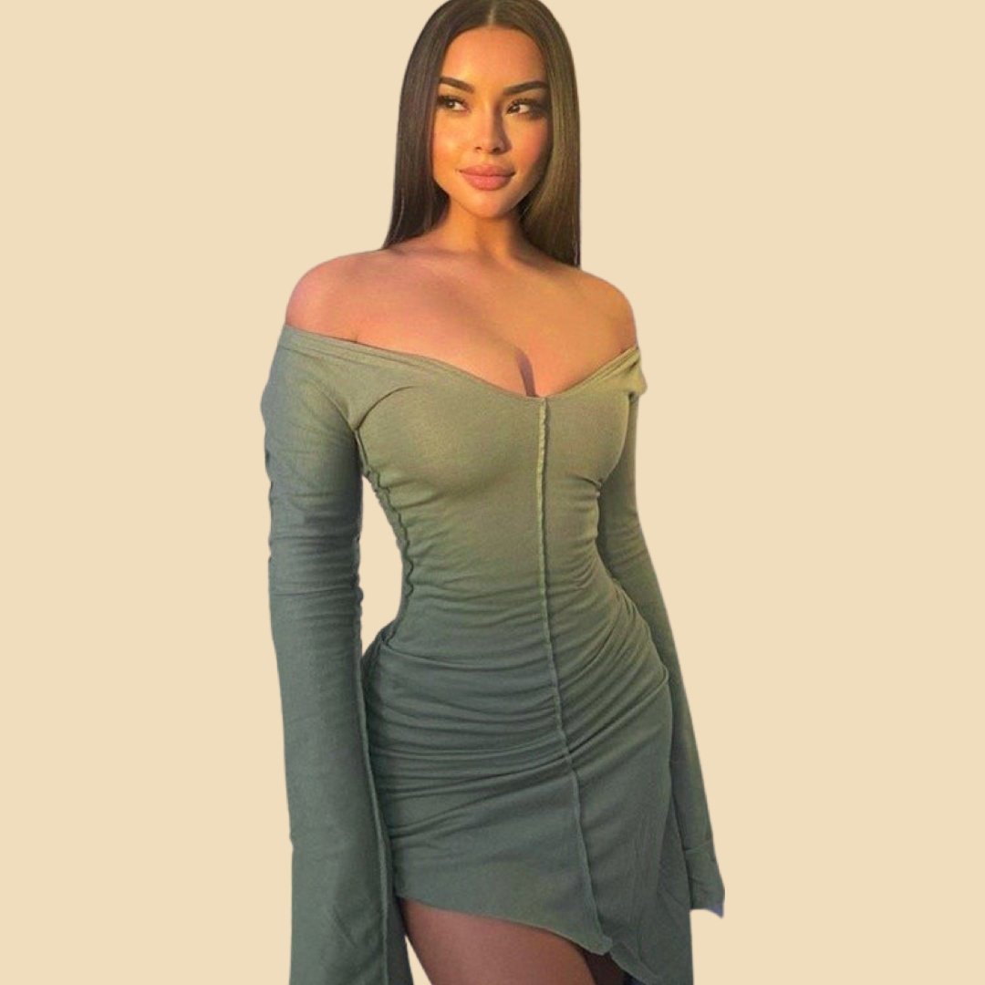 Green Long Sleeve Soild Color Dress